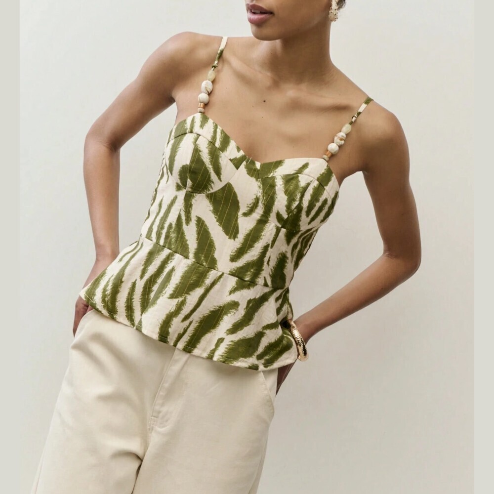 Green & Cream Leaf Print Spaghetti Strap Tank Top